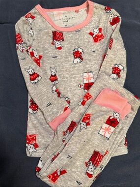 Laura Ashley Gray Pajama Set with Pink Trim and Red Bunny Gift Print